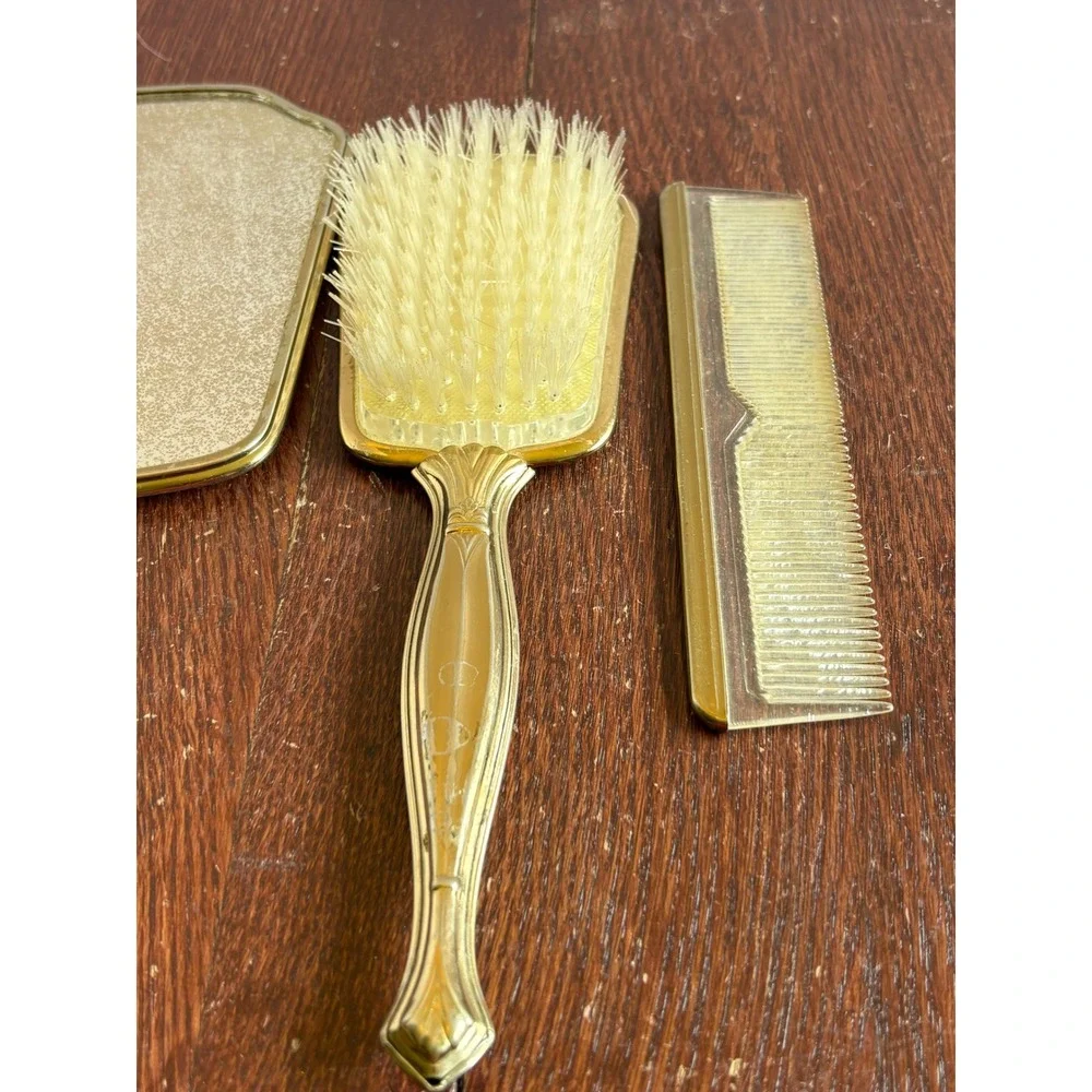 Vintage Floral Guilloche Vanity Set Hand Mirror Brush Comb Gold Tone 3pc